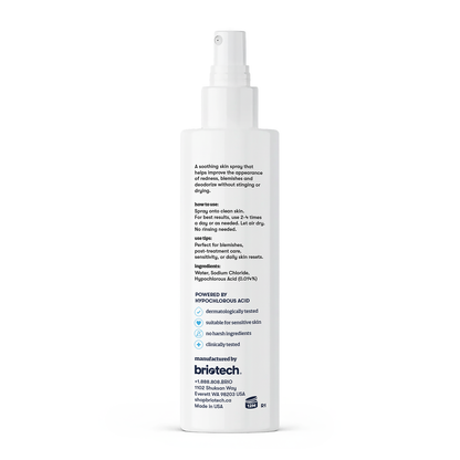 A white spray bottle of Topical Skin Spray features text about its non-stinging formula that calms irritation and reduces blemishes on dry or irritated skin, lists ingredients and benefits, and shows the Briotech logo at the bottom.