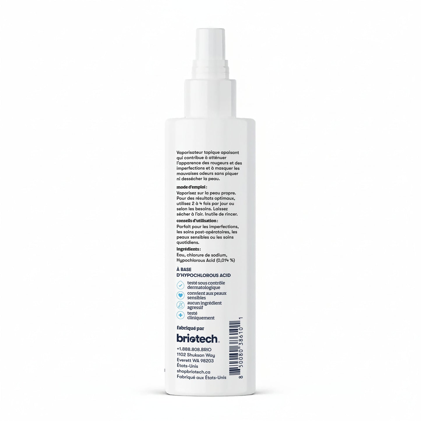 Topical Skin Spray in a white upright spray bottle, back label shown with English and French directions, ingredients, warnings, and a barcode. Ideal for calming irritation and reducing blemishes as a skin spray.