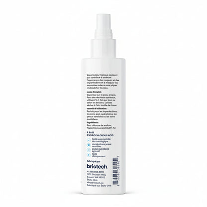 Topical Skin Spray in a white upright spray bottle, back label shown with English and French directions, ingredients, warnings, and a barcode. Ideal for calming irritation and reducing blemishes as a skin spray.