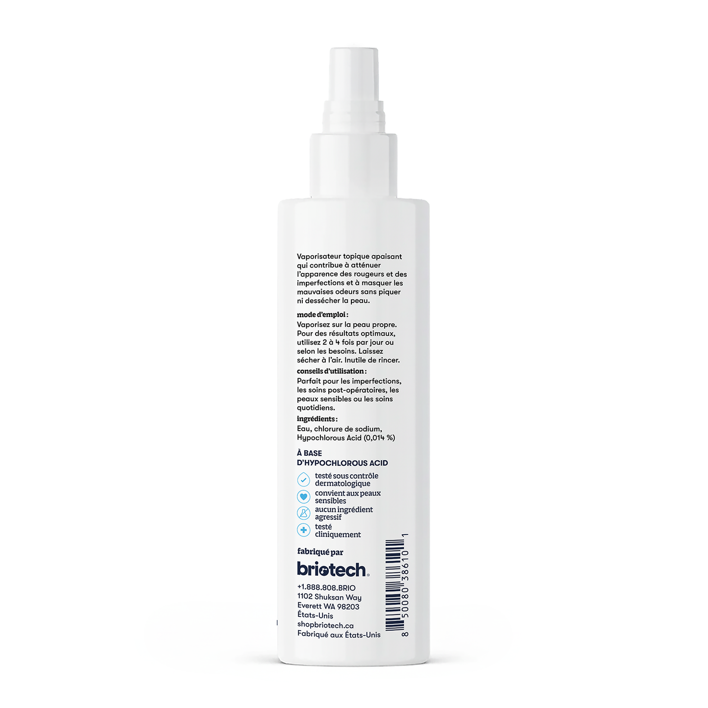 A white spray bottle labeled "Topical Skin Spray" with French and English text on the back lists ingredients, directions, company info, and blue/black details explaining how it soothes irritation. Bullet points and brijtech's contact number are also provided.
