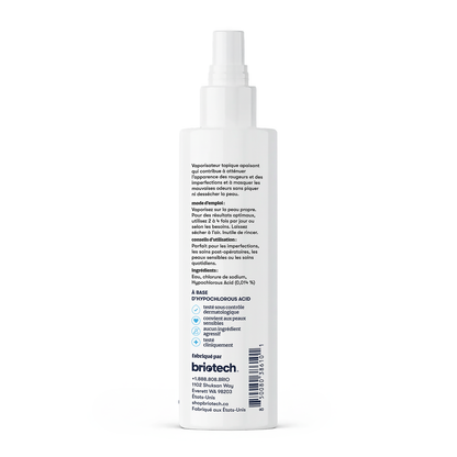 A white spray bottle labeled "Topical Skin Spray" with French and English text on the back lists ingredients, directions, company info, and blue/black details explaining how it soothes irritation. Bullet points and brijtech's contact number are also provided.