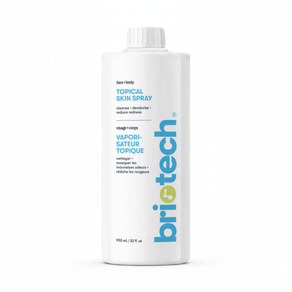 A 32 fl oz white bottle of Topical Skin Spray features blue and green label text. It cleanses, deodorizes, calms irritation, and reduces redness or blemishes on face and body.